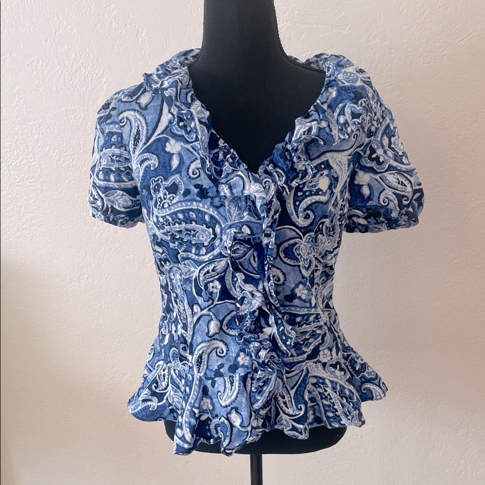 EUC RALPH LAUREN COTTON Blue Paisley Ruffle Women's Top SIZE MEDIUM